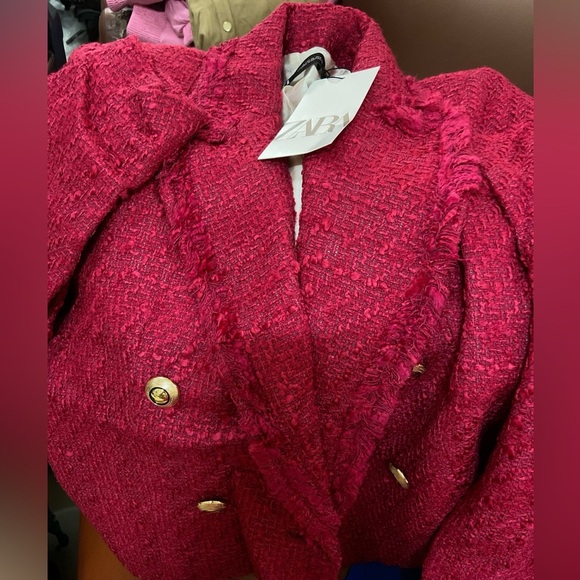 Zara Textured Blazer Frayed Lapel Fuschia XS - Picture 6 of 9